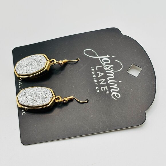 Jasmine Lane Gold Tone Dangle Earrings Silver Glitter Oval Stone Drop Hypoallerg - Picture 3 of 4